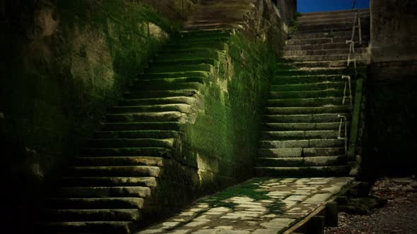 Old Wall and Stairs Covered in Moss