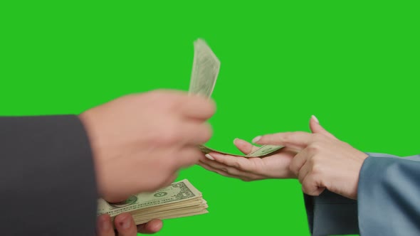 Woman asks money from a man, close-up, chromakey