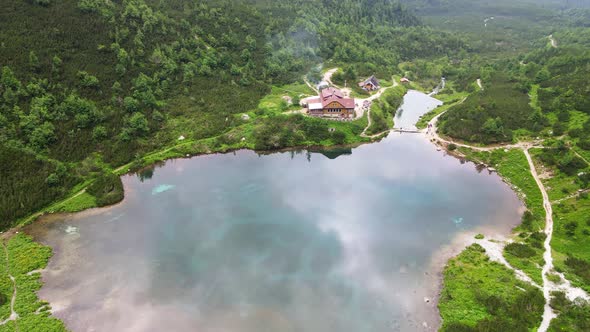 Aerial view of the lake Zelene pleso in the High Tatras in Slovakia