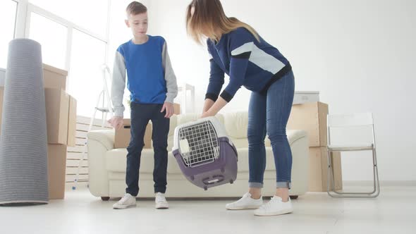 Young Mom and Son with Their Cat Are Moving To a New Apartment