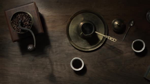 Top view over old turkish coffee set