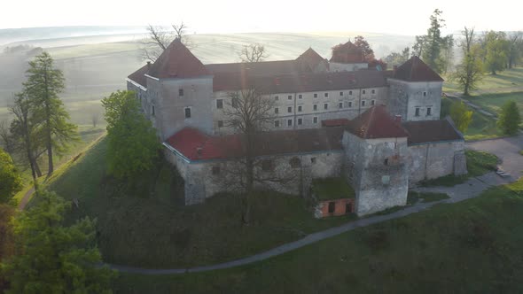 Aerial View of Svirzh Castle Near Lviv, Ukraine at Dawn