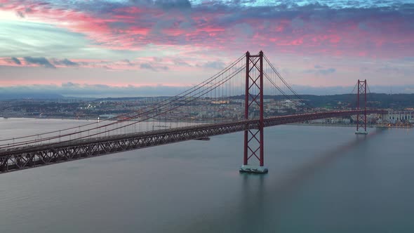 Bridge of 25Th April with Car Traffic After Sunset