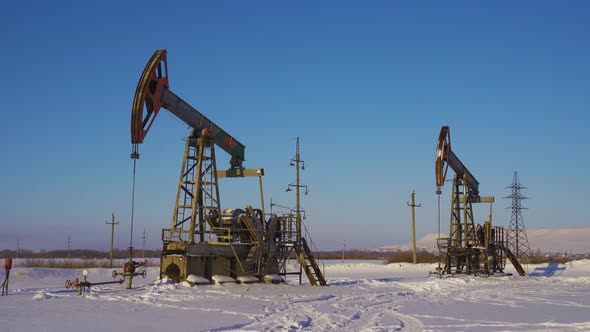 Oil Pumps on a Winter Sunny and Frosty Day