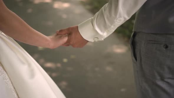 the Bride and Groom Hold Hands on a Walk