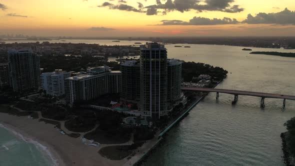 Drone video of Miami Beach and skyline during sunset