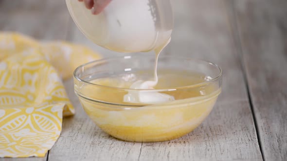 Pastry Chef Making Peach Mousse for Cake.