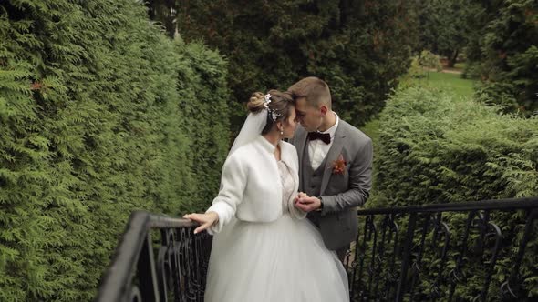 Newlyweds Caucasian Groom with Bride Stay on Stairs in Park Wedding Couple Man and Woman in Love