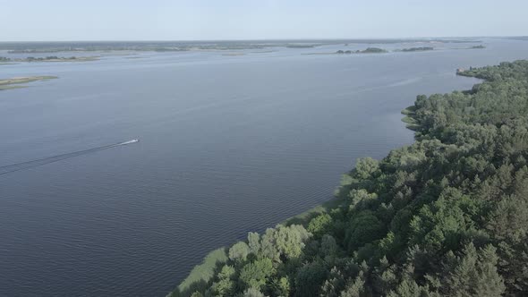 Dnipro River. Aerial View. Ukraine. Slow Motion, Flat, Gray