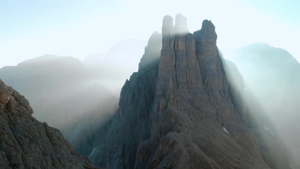 Aerial View of Vajolet Towers Mountain in Dolomites Italy at Sunrise