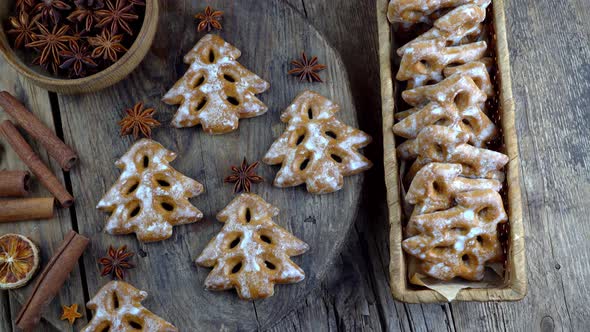 Christmas Tree Cookies on Wooden Background