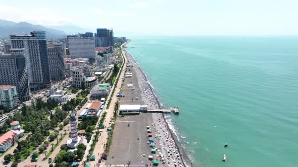 Batumi, Georgia - May 25 2022: Drone flies along new Batumi boulevard