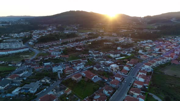 Aerial View of Residential Houses in Suburban Rural Area at Sunset