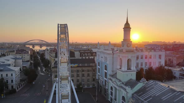 Historical District of Kyiv - Podil in the Morning at Dawn, Ukraine,  Aerial View