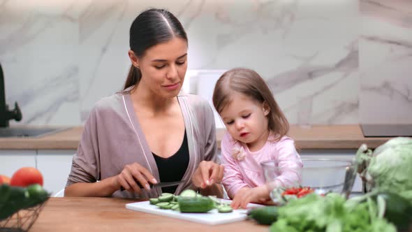 Mother and Daughter Cutting Cucumber Cooking Vegetable Salad Together
