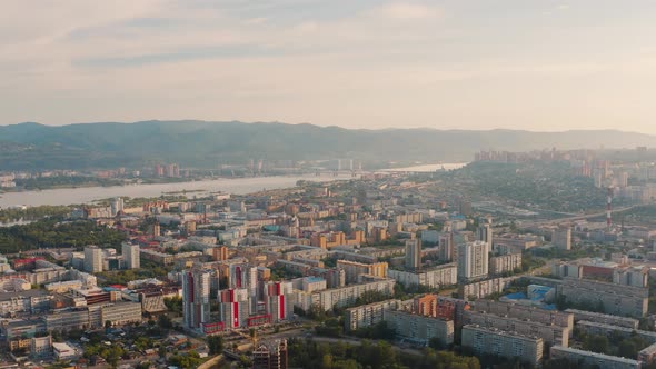 General view of Krasnoyarsk taken by drone Communal bridge of Krasnoyarsk