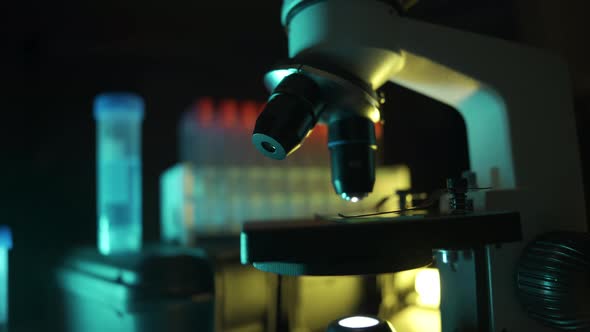 Close Up of a Optical Scientific Microscope in Laboratory