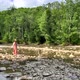 Vintage romantic woman in straw hat, long dress walks on river rocks near forest. Natural scenic - VideoHive Item for Sale