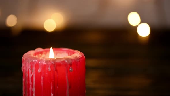 Close Up Shot Christmas Burning Candle Bokeh Background