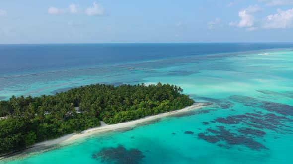 Aerial top view nature of idyllic tourist beach trip by blue ocean with white sand background of a d