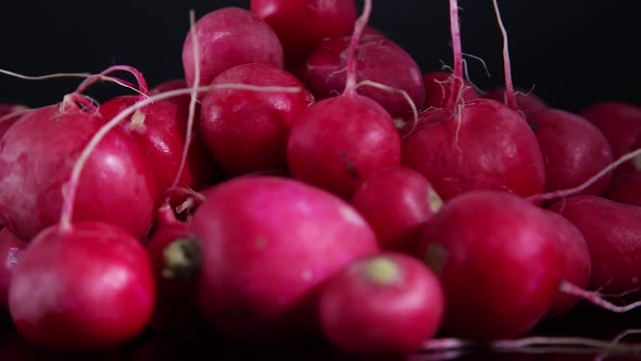 looped rotation of a slide of fresh unwashed radishes