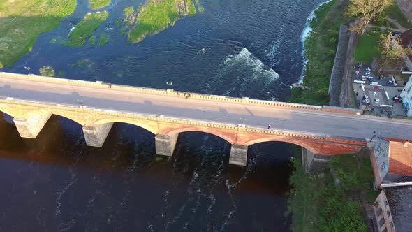 Long Old Brick Bridge, Kuldiga, Latvia Across the Venta River. Captured From Above.