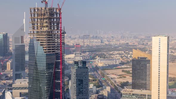 Skyline View of the Buildings of Sheikh Zayed Road and DIFC Aerial Timelapse in Dubai UAE