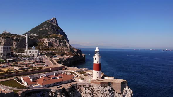 Aerial Dolly View Of Europa Point Lighthouse In Gibraltar