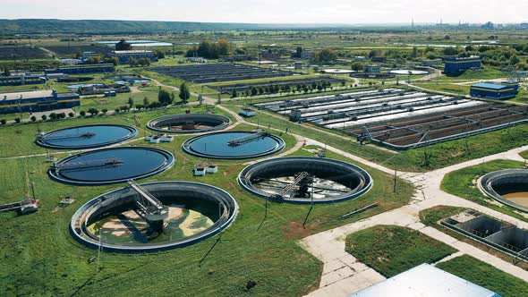 Aerial View of Waste Water Treatment Plant. Outdoor Site with Multiple Wastewater Plants