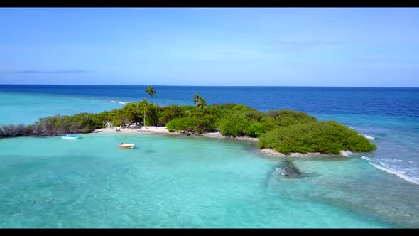 Aerial drone view tourism of idyllic shore beach journey by blue lagoon and white sand background of