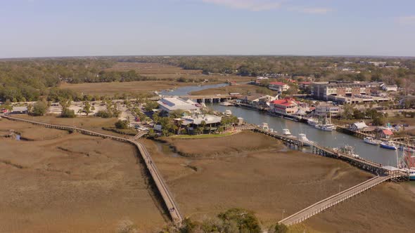 Aerial view of Shem Creek Boardwalk and its surrounds
