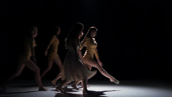 Five Beautiful Girls Dancing Modern Contemporary Dance, on Black, Shadow