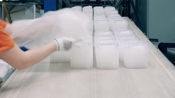 Female Workers Packing Tray Lids Into Plastic Bags