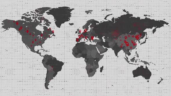 Animation of the world map and countries turning red through circles in a white background