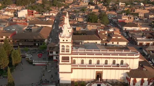 Aerial View Of Emblematic San Cristobal Parish At Sunset In Mazamitla, Jalisco, Mexico.