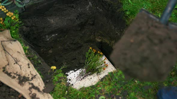 Person With Shovel Covers The Pit With Earth. Buries The Coffin Of A Dead Animal. Low Angle