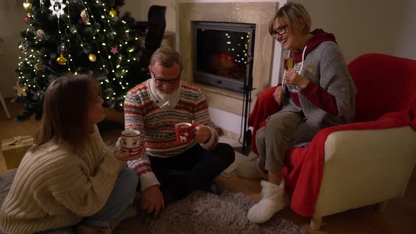 Elderly Parents and Their Daughter Celebrate Christmas Together Sitting at Home By the Fireplace
