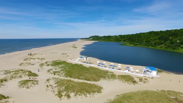 Aerial view of the beach umbrellas in summer