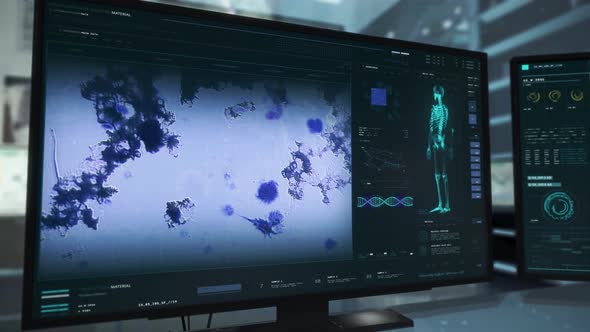 Modern laboratory software is examining the microbe cells under the microscope alt