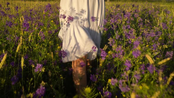 Young Woman Walking in Field Flowers