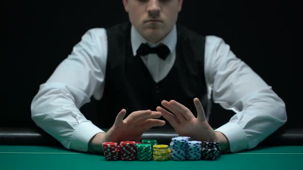 Male Croupier Moving Chips Into Camera, Gambling Business, Chance to Win Money