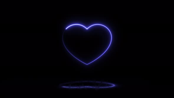 Violet neon heart sign with reflection on the floor on a black background