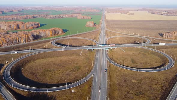 Aerial Drone View of Highway Multilevel Junction Road with Moving Cars