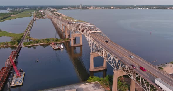 Aerial of cars traveling over the Calcasieu River Bridge in Lake Charles, Louisiana