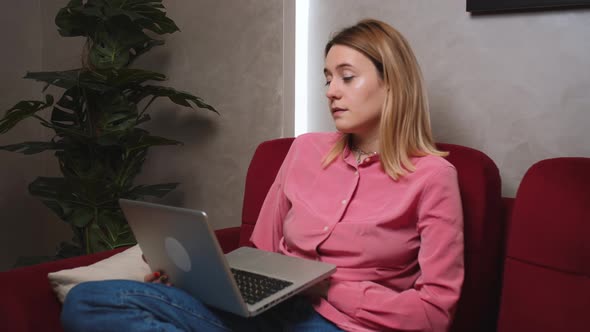 Young Woman Has Video Calling Chatting for Remote Job Interview Using Laptop Webcam Conference Work