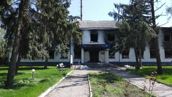 War in Ukraine  the Destroyed and Burned Building of the Police Station in Borodyanka Kyiv Region