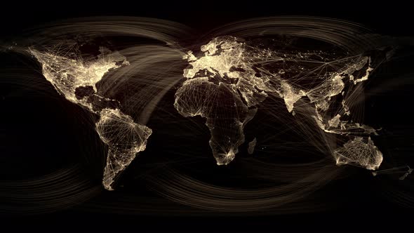 Network Lines Lighting Up World Map Gold. Use as a high resolution texture or projection map. alt