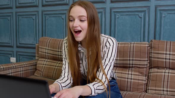 Joyful Girl Reading Good News Enjoy Success Shopping Celebrating Lottery Victory on Laptop Computer