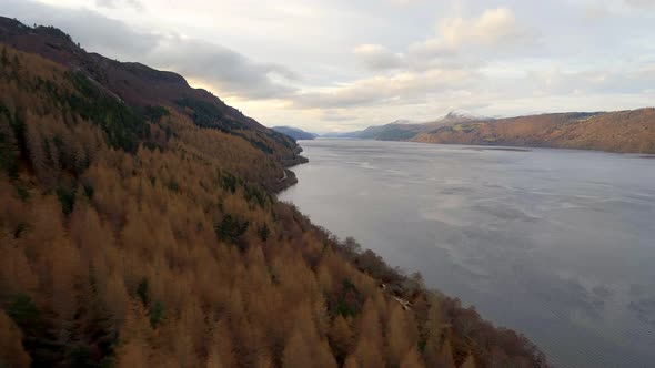 Aerial View of Loch Ness and Surrounding Forests in Scotland