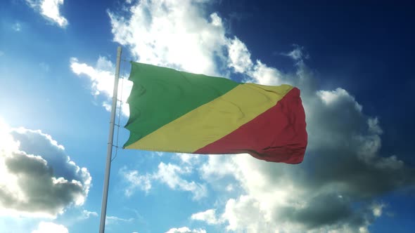 Congo Republican Flag Waving at Wind Against Beautiful Blue Sky